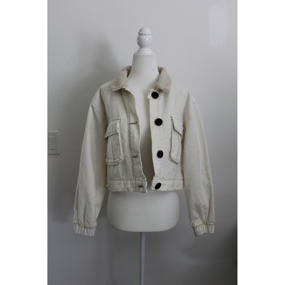 Stoosh Vintage Denim Womens Off White Sherpa Lined Cropped Trucker Jacket Size M